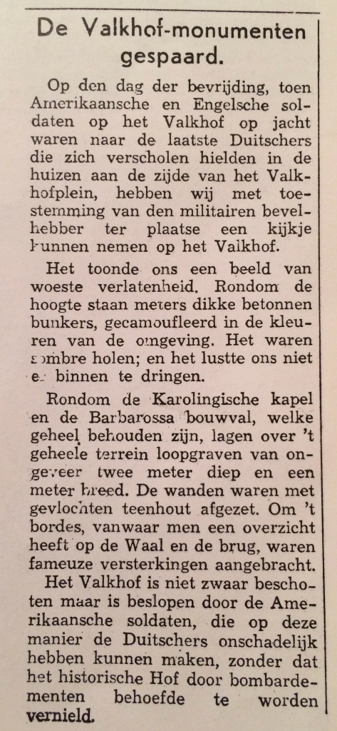 Krantenartikel waarin de camouflage van de Bunkers beschreven staat en de structuur van de loopgraven. Bron: Boek Nijmegen '40'45 De Gelderlander