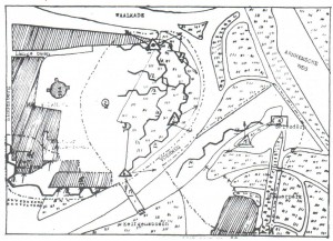 Verzetskaart door Jan van Hoof doorgestuurd naar London in maart 1944 met daarop een deel van de loopgraven. De driehoeken zijn de drie bunkers en de gearceerde gebieden versterkte gebouwen.